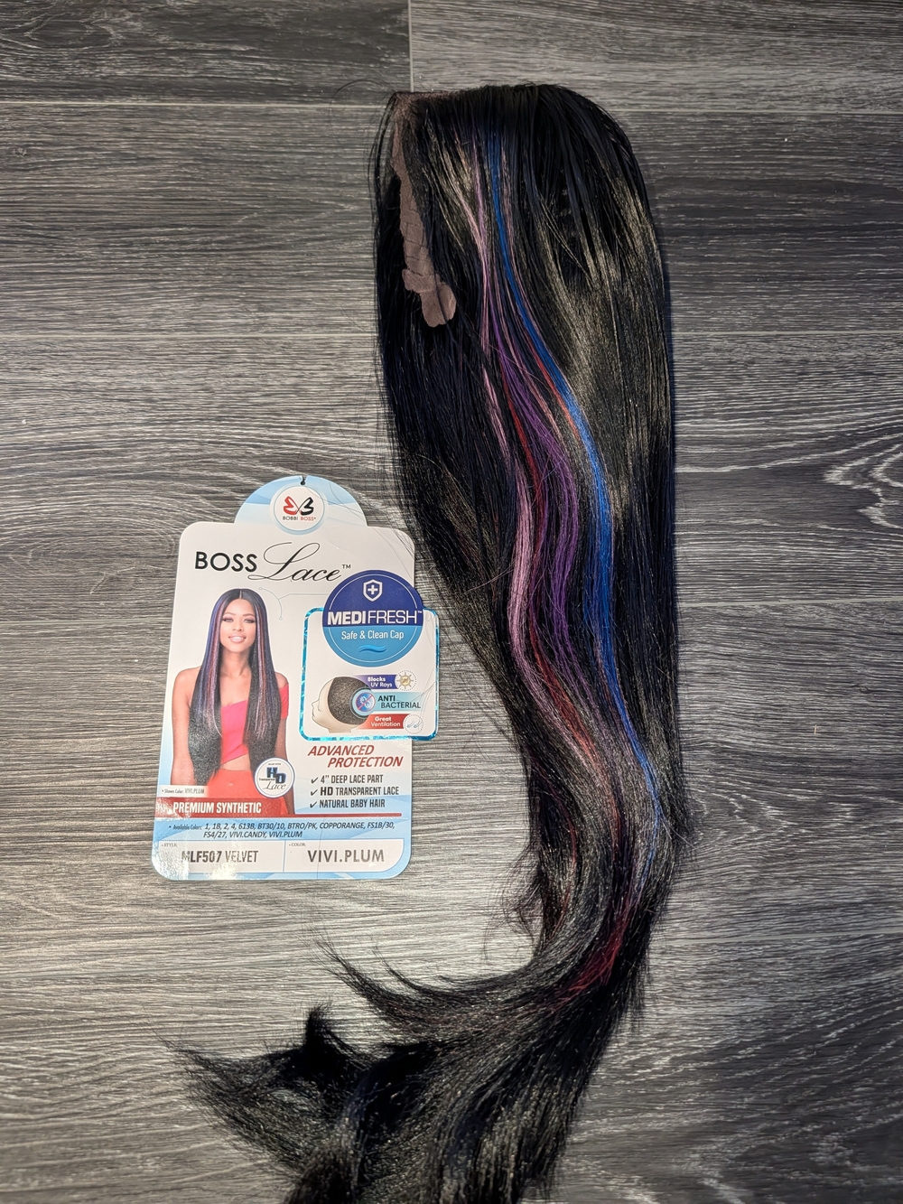 Boss Lace Synthetic Wig in Black with Blue & Purple Highlights